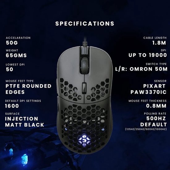 Ultralichte Gaming Muis (65g) met Hot-Swappable Switches en PixArt 3370 Sensor — afbeelding 3