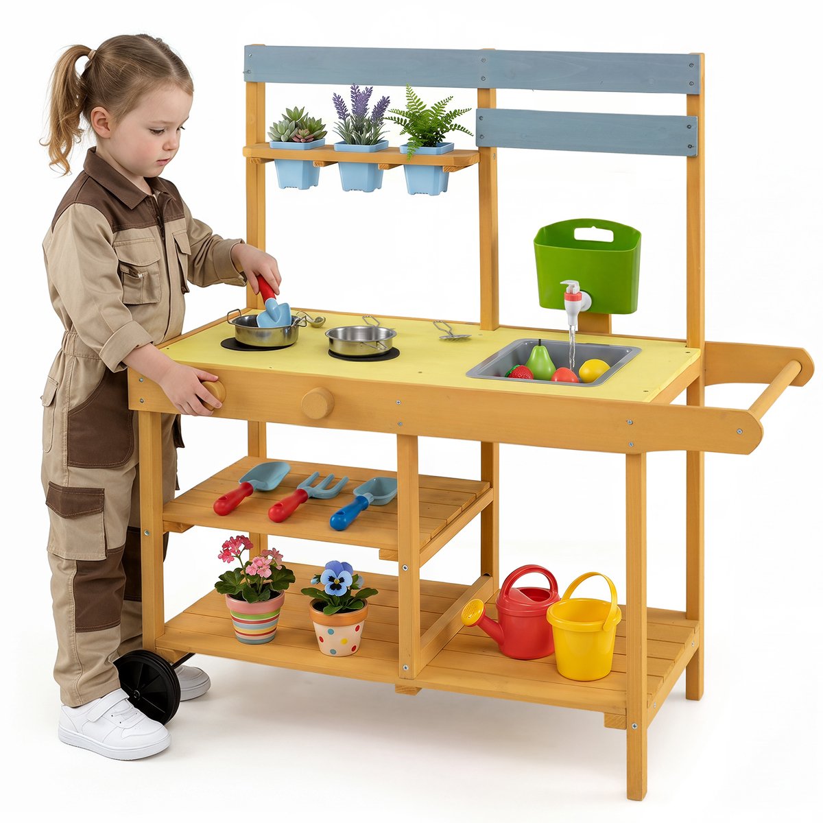 SureDeal® - Rollenspell - Matschkeuken Kinderen Buiten - Fornuis - Kookaccessoires Poppenkeuken - Gootsteen Watertank - 88x41x98 cm - Geel