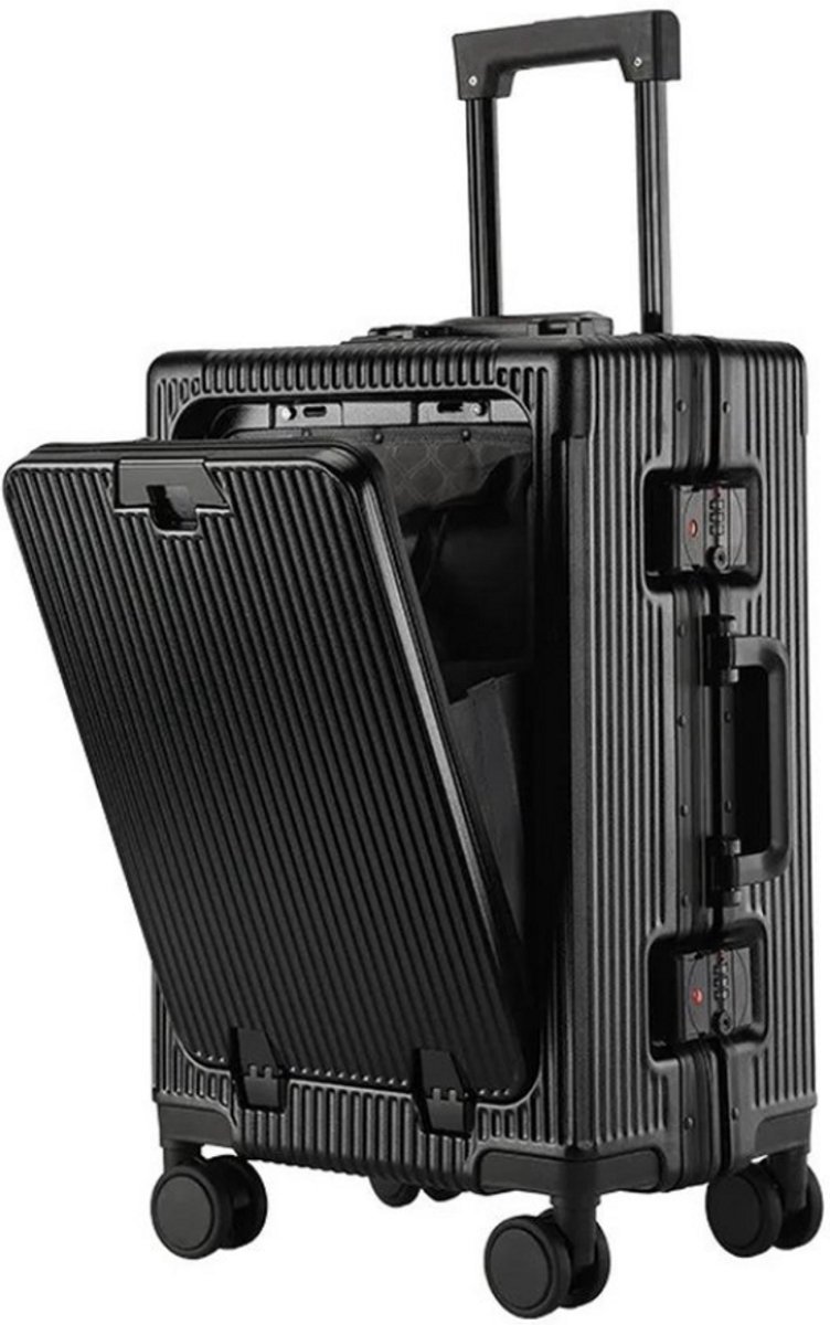 Gudalio Koffer - Reiskoffer - Rolkoffer - Business trolley - Handbagage - 20'' - Cijferslot - Vooropening - Aluminium - Zwart
