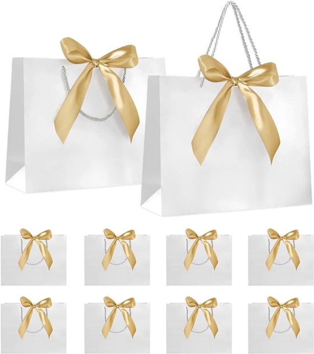 Papieren Cadeauzakjes - Feesttassen Luxe - Cadeaus Verpakken - Met Gouden Lint - 32 x 25 x 11 cm - Wit