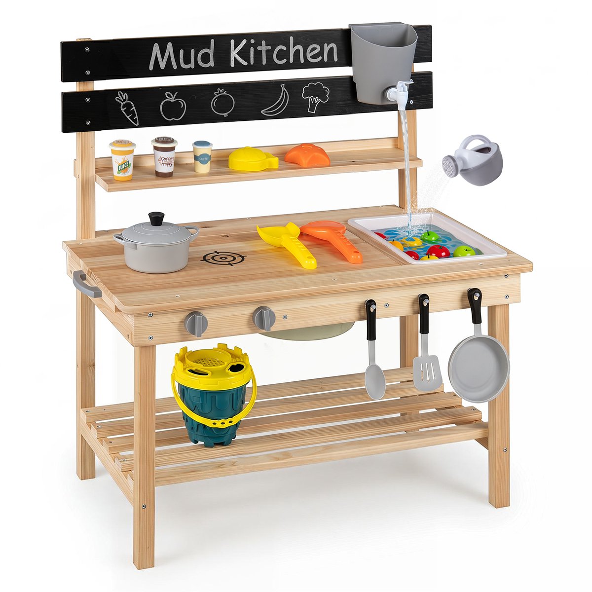 SureDeal® - Rollenspell - Houten Speelkeuken Speelkeuken - Uitschuifbaar Werkblad - Spoelbak - 80x44,5x87,5 cm - Naturel