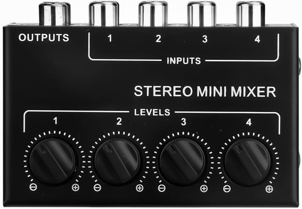 Stereo Audiomixer - Metaal - Passieve 4-kanaals Mixer - RCA-ingang en -uitgang - Voor Muzikanten