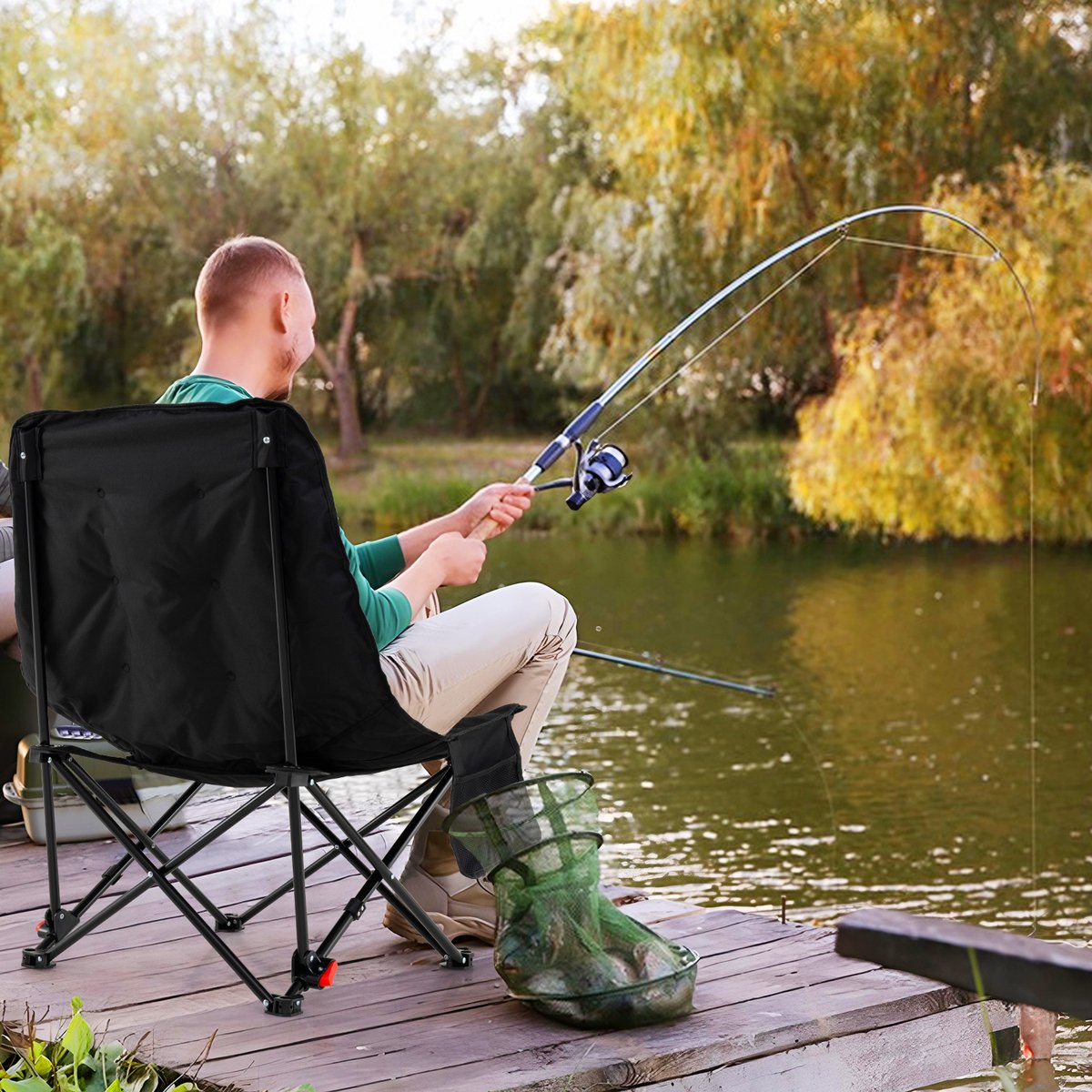 SureDeal® - Kamper - Opvouwbare Campingstoel - Verstelbare Rugleuning - Zijzak Gevoerde Klapstoel - 65x81x73,5 cm - Zwart