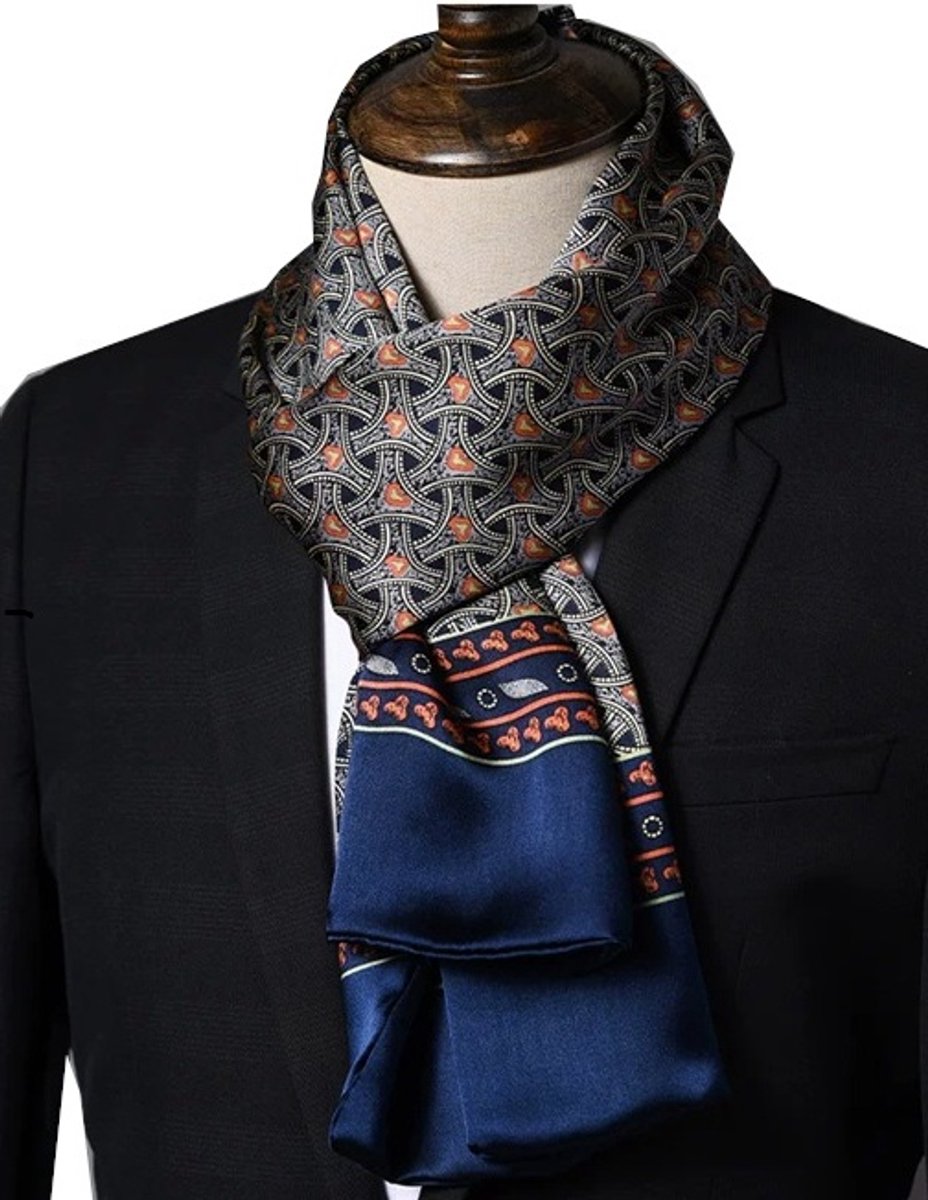 Stropdassjaal Zijde – Ascot – Heren – Zijden Sjaal – Blauw/Oranje – 155 x 26cm