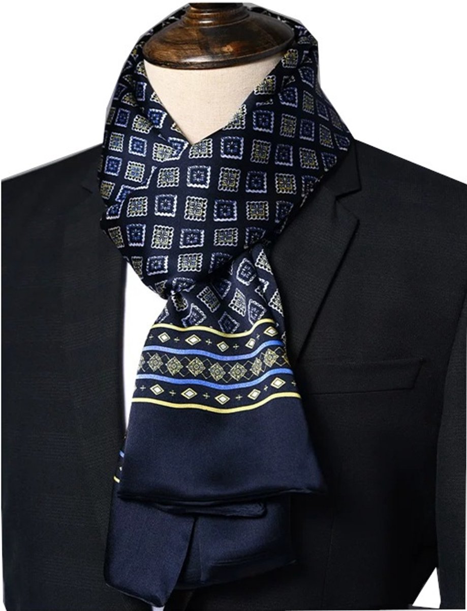 Stropdassjaal Zijde – Ascot – Heren – Zijden Sjaal – Zwart/Blauw – 155 x 26cm
