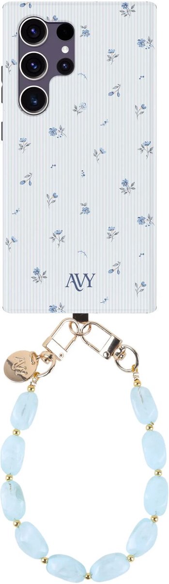 AVY Hoesje Met Telefoonkoord | Geschikt voor Samsung Galaxy S24 Ultra | Compatibel met MagSafe & Qi2 | Hard Shell Back Cover | Stijlvol Bijpassend Koord Polsbandje (32CM) | Sky Blossom