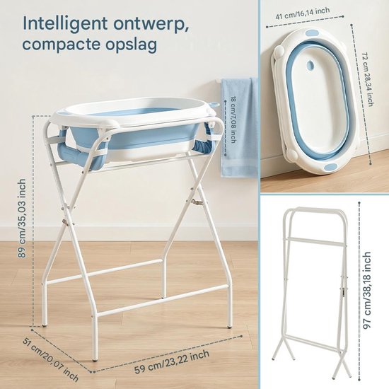 Opvouwbaar babybad met standaard – 3-in-1, met temperatuurweergave, voor baby en peuter,Compact badje met ingebouwde thermometer – draagbaar en ruimtebesparend – blauw — afbeelding 2