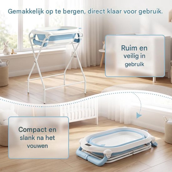 Opvouwbaar babybad met standaard – 3-in-1, met temperatuurweergave, voor baby en peuter,Compact badje met ingebouwde thermometer – draagbaar en ruimtebesparend – blauw — afbeelding 3
