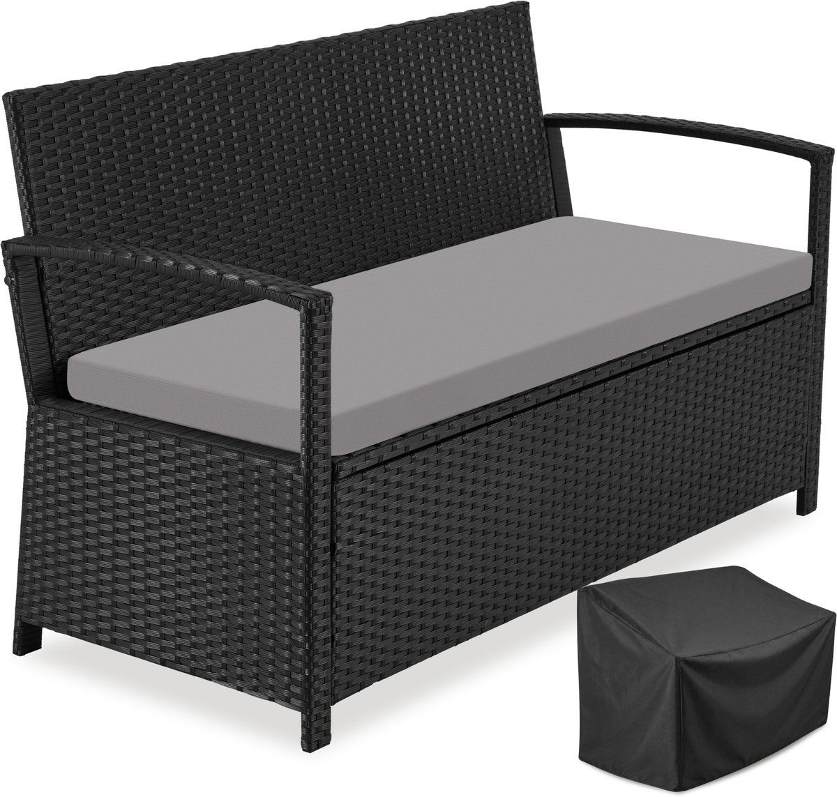 tectake® Wicker Tuinbank 2-Zits – Tuinbank met Opbergruimte – Weerbestendige Polyrattan Bank met Zitkussen en Beschermhoes – Armleuningen en Hoge Rugleuning – 128 x 56 x 77,5 cm – Zwart