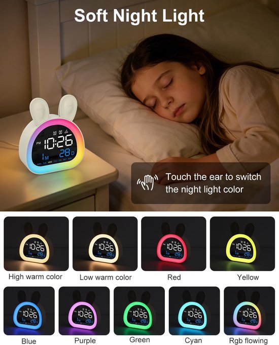Kinderen Wekker, OK om Klok Voor Kinderen Met Touch Control Wakker, Bluetooth Tijd Sync, 9-kleur Nachtlampje, 6 Rustgevende Geluiden, Dual Alarm, Kinderen Wekker Leuke Konijn Cadeaus voor Meisjes — afbeelding 4
