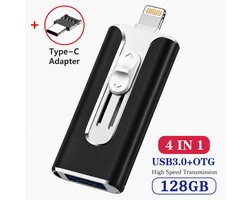 4-in-1 128 GB Snelle USB Flash Drive - Type-C USB Geheugenstick voor Telefoon, Tablet en Computer - Draagbare Opslag voor Foto's, Video's en Bestanden - Snelle Gegevensoverdracht - Zwart