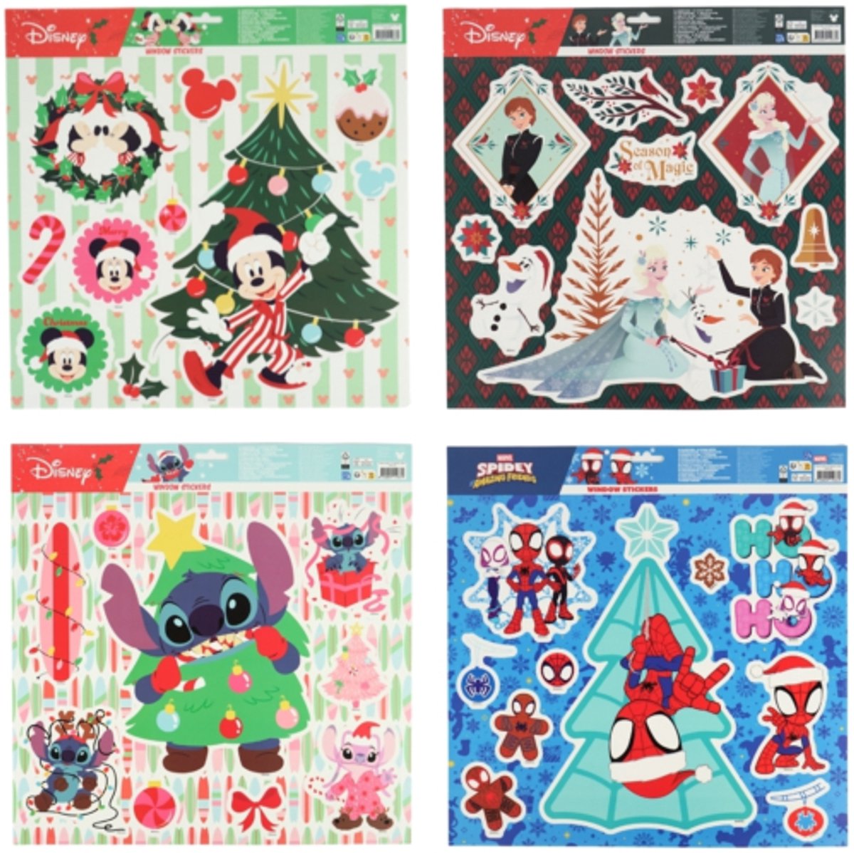 Disney Raamstickers Kerst - 4 verschillende thema`s - Mickey Mousse - Lilo&Stitch - Frozen - Spidey - 4 Grote vellen van 38 x 38 cm