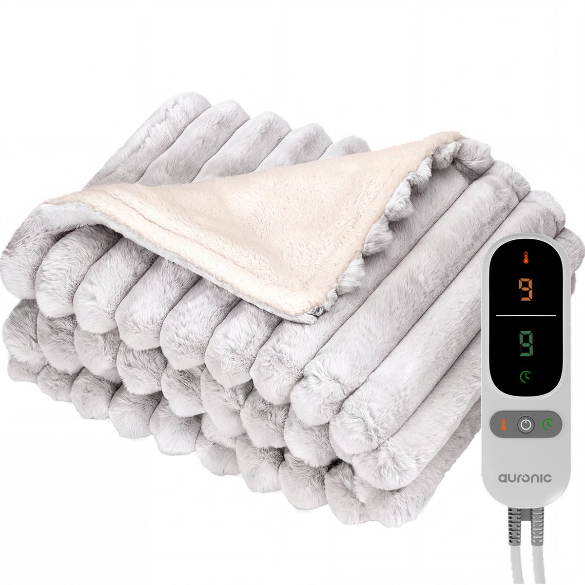 Auronic Elektrische Deken - 160 x 120cm - 1 Persoons Warmtedeken - 3 Warmtestanden - Verwarmingsdeken - Pluche - Grijs