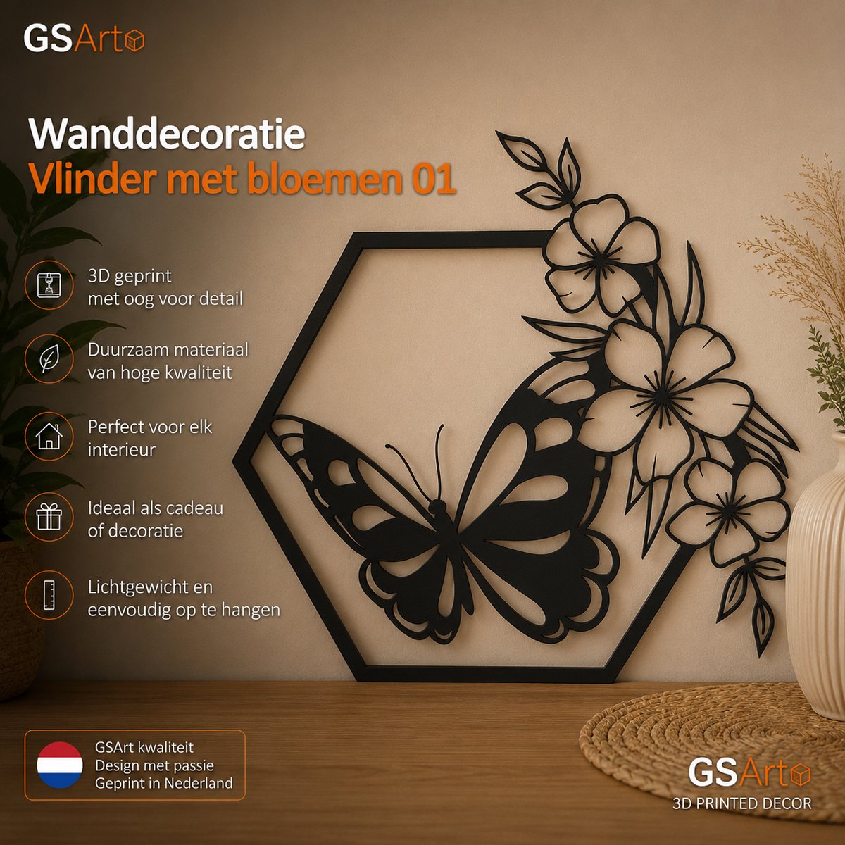 GSArt Wanddecoratie Vlinder met Bloemen 01 25 cm – 3D Geprinte Muurdecoratie