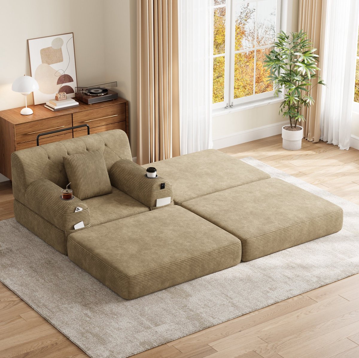 MODFU - Slaapbank - 1-Zits - Khaki - Cord - Hoge Rugleuning - Metalen Frame
