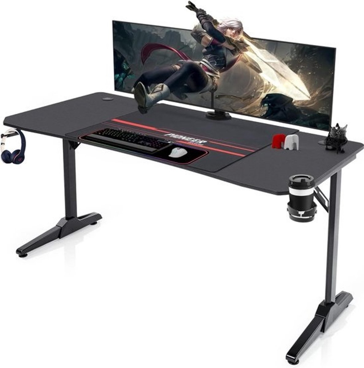 Gamer Bureau 140 x 60 cm Ergonomisch met Kabelopbergruimte, Kophouder en Muismat