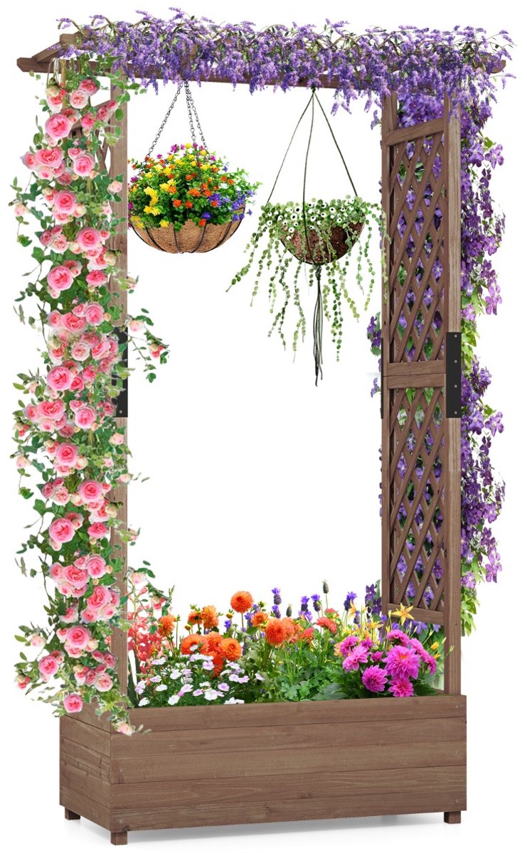 SureDeal® - Plantenbak - Verhoogd Bloembed - Rankrooster - Hangend Dak Bloembak - Klimplanten - Hangende Manden - 110x44x182 cm - Koffiebruin