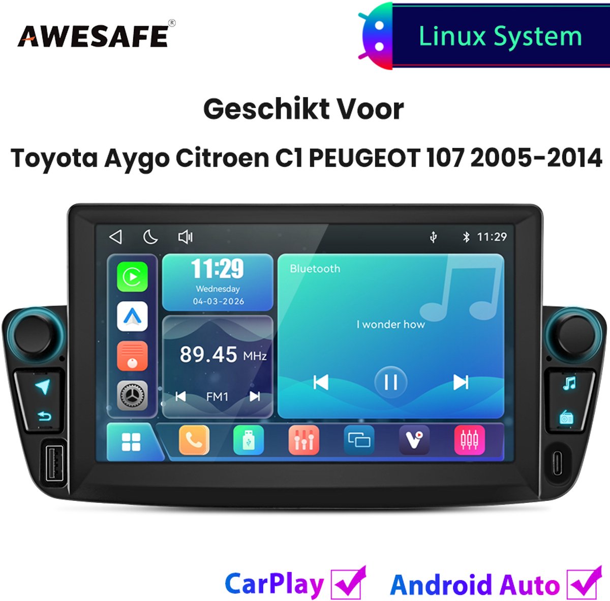 Awesafe Autoradio - Geschikt Voor Toyota Aygo Citroen C1 PEUGEOT 107 2005-2014 - Draadloos Carplay Android Auto - Linux systeem - 7 Inch Touchscreen - FM Radio Bluetooth EQ SWC Wifi Airplay - 2005 2006 2007 2008 2009 2010 2011 2012 2013 2014