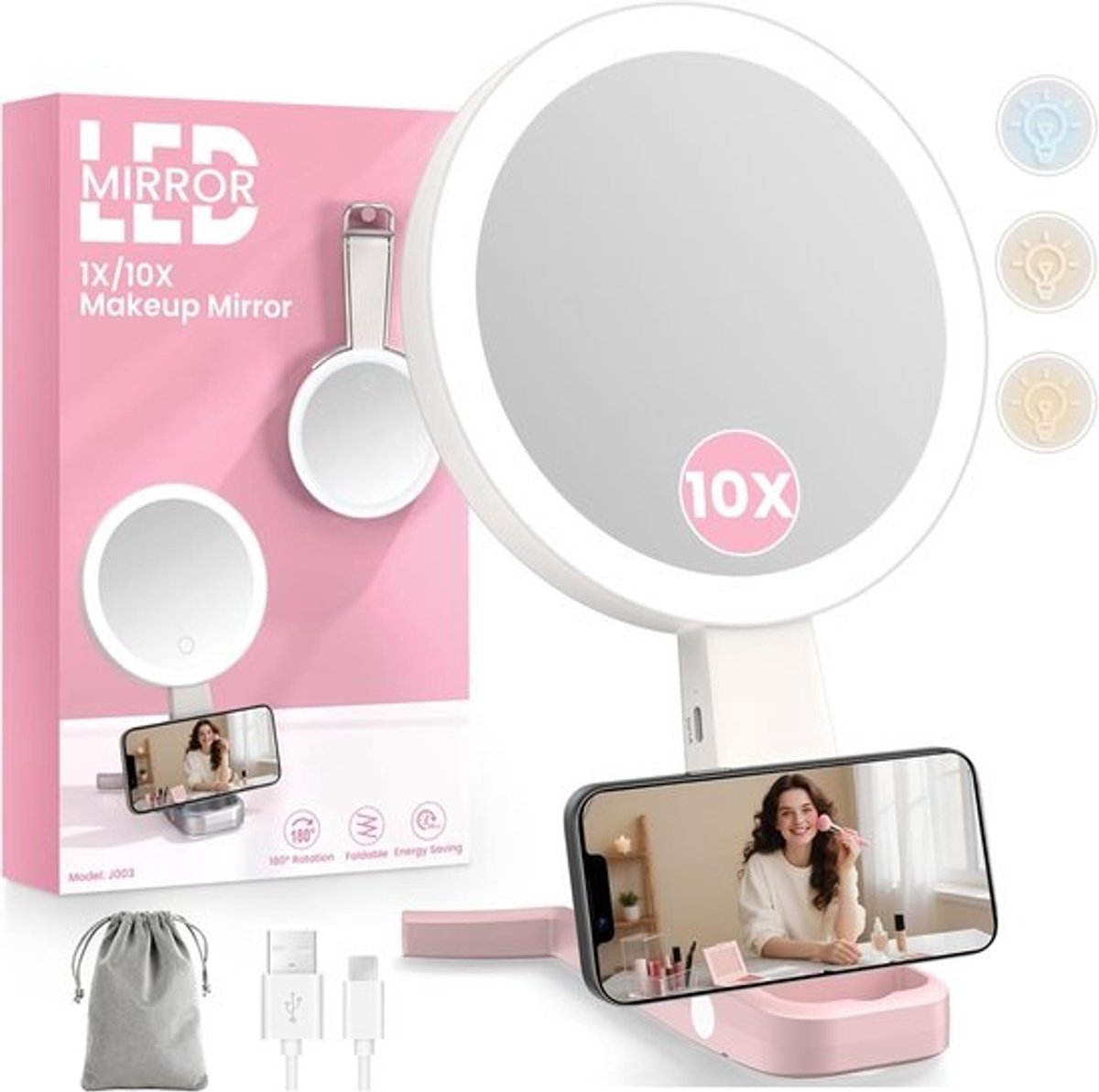 Oplaadbare LED Make-up Spiegel - Dubbelzijdig 1x/10x Vergroting, 3 Kleuren Licht, Instelbare Helderheid, USB-C, Opvouwbaar, Roze