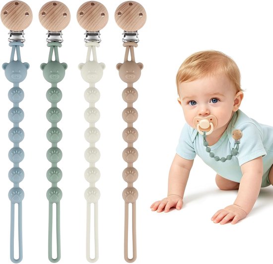 Vier fopspeenkoorden in blauw, groen, crème en bruin, elk met een houten clip en een ketting van beervormige siliconenkralen.