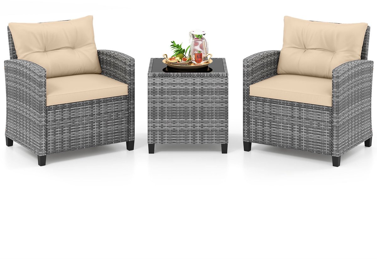 SureDeal® - Tuinset - Rattan Tuinmeubelset 3-delig - Stoelen - Tafel - Veiligheidsglas Tafelblad - 67x64x77 cm - Bruin