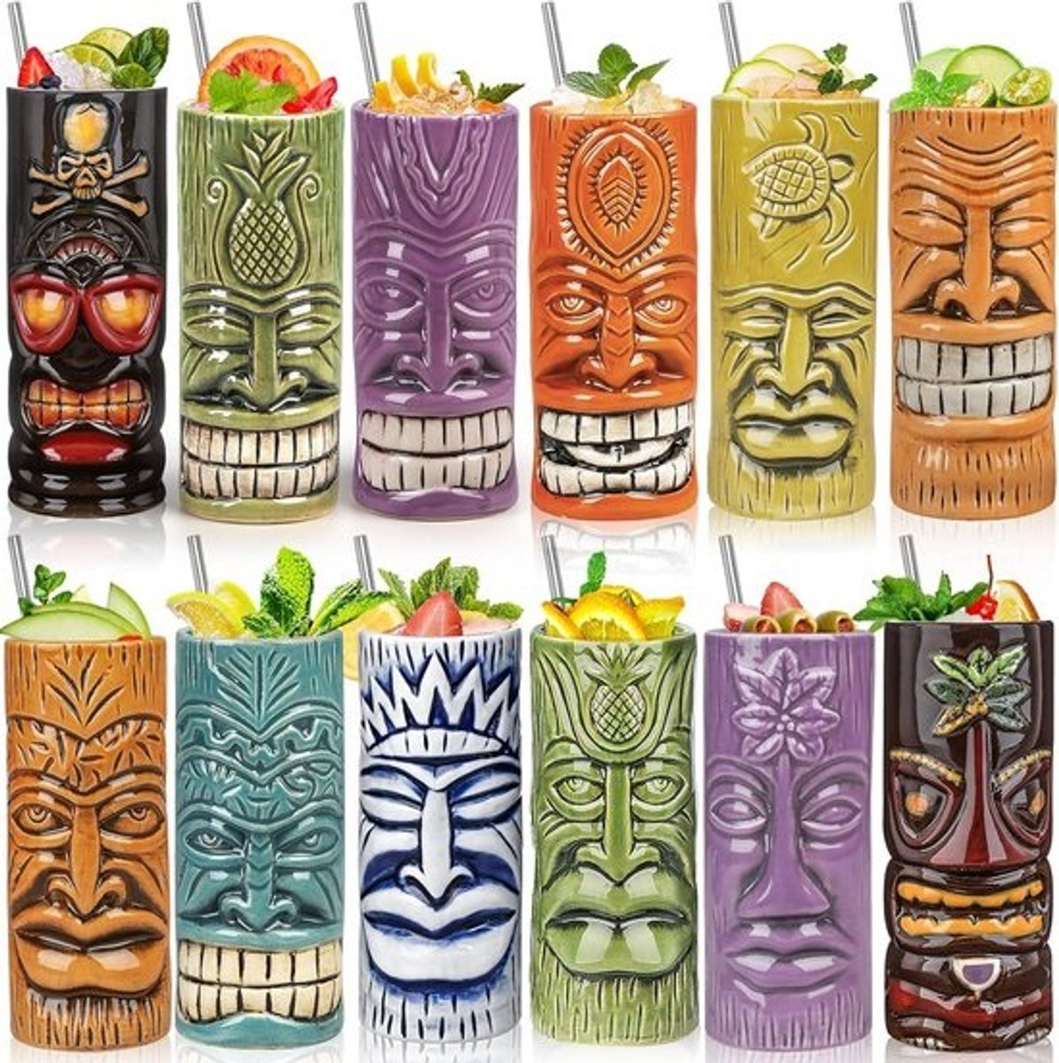 Tiki Mokken Set - Hawaïaanse Mokken - Cocktails Serveren - Uniek Handgeschilderd Design - 12 Stuks - Multicolor