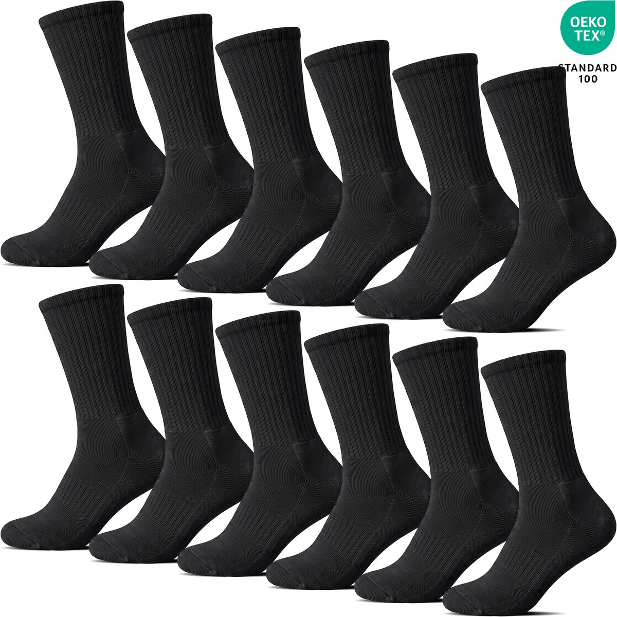 BENYSON® 12 Paar Sportsokken met Badstof Zool Crew Lengte - Casual Sokken - Cushioned Wandelsokken - Katoen - Zwart - Maat 39-42 - Heren Dames Unisex - Hardloopsokken B-8201