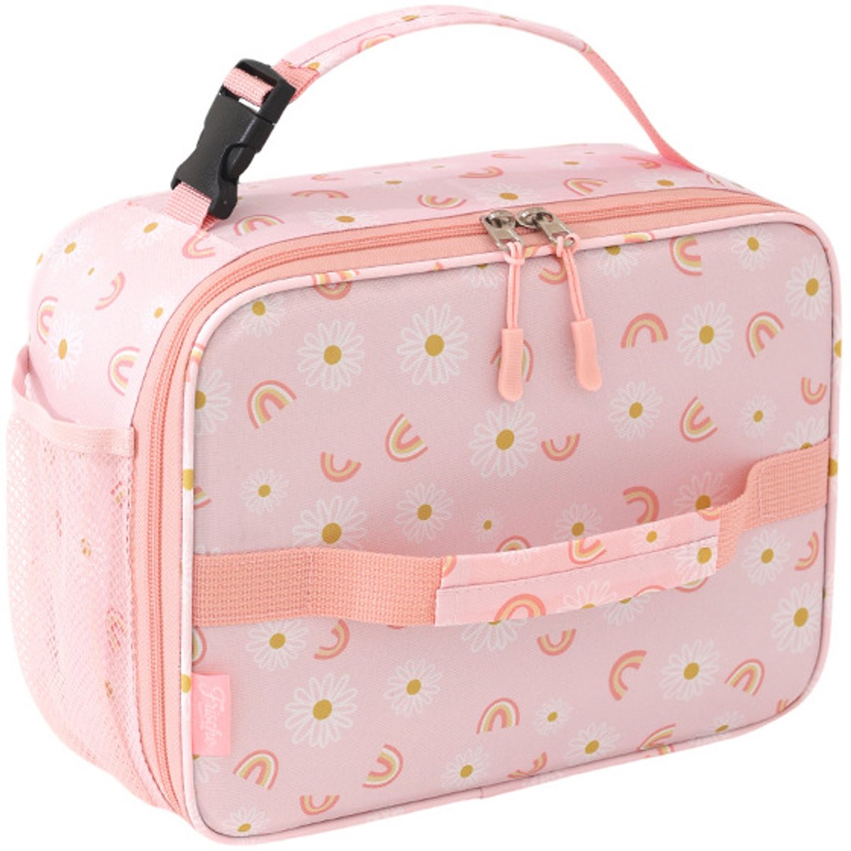 YAGXIG Geïsoleerde lunchtas voor kinderen - Snackbox voor kinderen - Roze regenboog- en bloemenpatroon - Geïsoleerde tas met handvat - Geschikt voor kleuterschool, school en picknicks