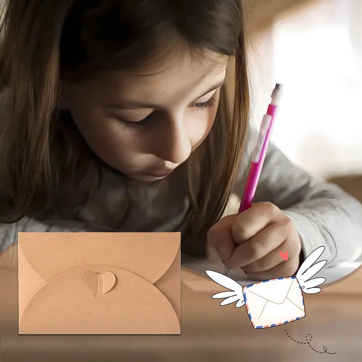 Verpakking van 20 enveloppen, kraftpapieren enveloppen, multipack, inclusief een kleine hartvormige verzegelde envelop, Geschikt voor leraren, kinderen, diploma-uitreikingen (bruin kraftpapier).