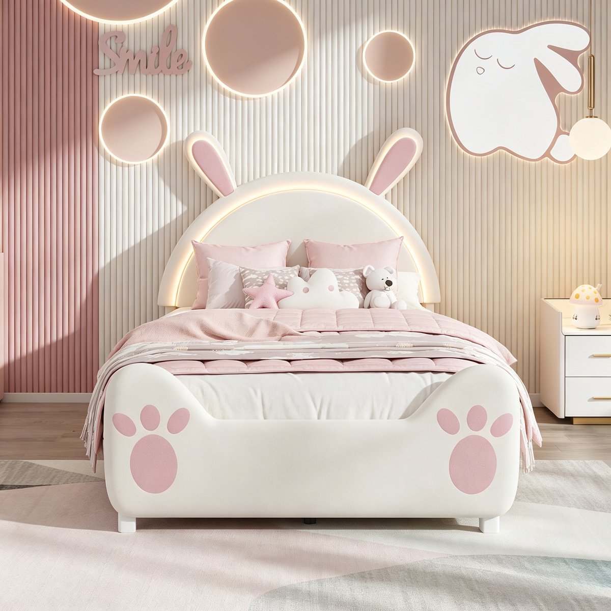 Kinderbed 90x200 cm, eenpersoonsbed met LED-verlichting, schattig konijnenhoofdbord met konijnenoren, gestoffeerd bed, fluweel, wit, zonder matras