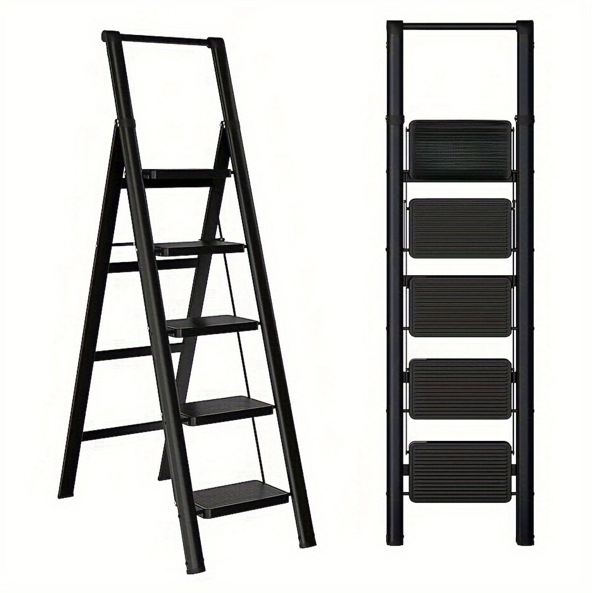 REDOM- Trapladder - 5 treden met antislip brede treden - Opvouwbare stalen constructie met draagbeugel - Huishoudtrap - Voor thuis en kantoor - Metaal - Zwart - 170 cm