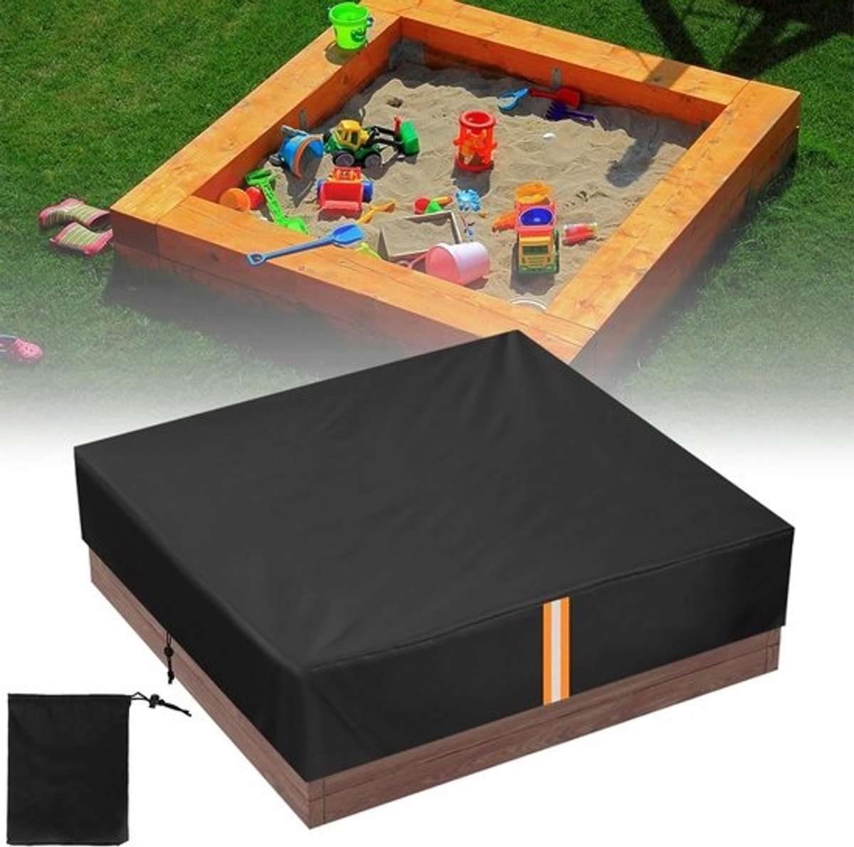 Vierkante zandbakafdekking 125x125 cm - Waterdicht en stofdicht met reflecterende strepen