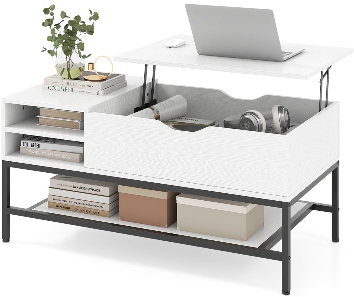SureDeal® - Salontafel - Hoogte Verstelbaar Tafelblad - Verborgen Opbergruimte - 99,5x49,5x47,5 cm - Wit