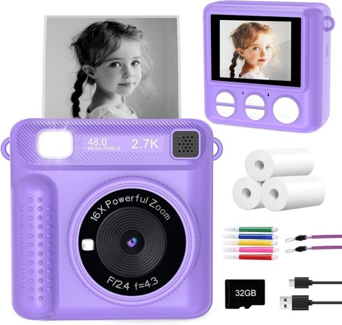 Directe Kindercamera Paars - Fototoestel voor Jongens en Meisjes