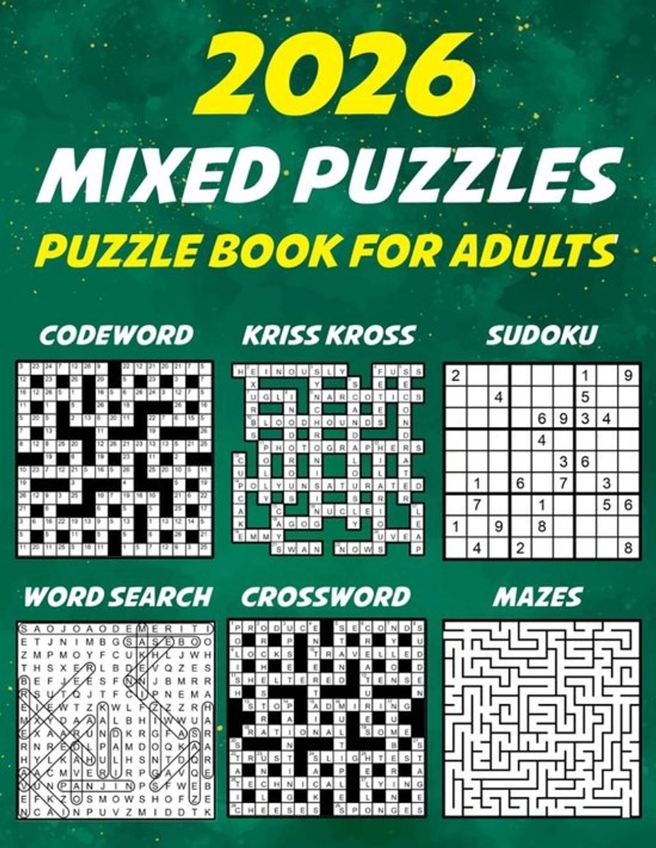 Puzzelboek voor Volwassenen: Mix van Puzzels - Kruiswoord, Woordzoeker, Sudoku, Codewoord, Kriss Kross, Doolhoven