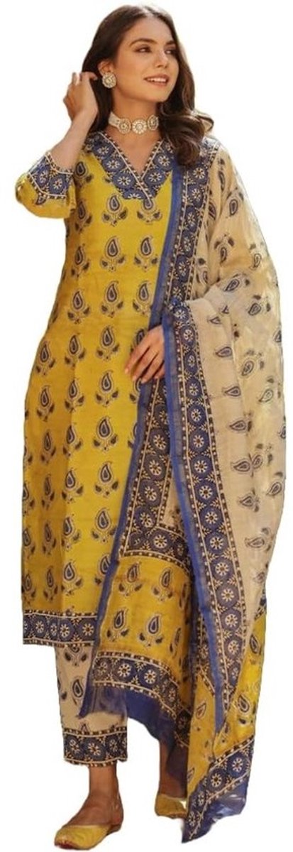 Dames Rayon Blend Straight Printed Kurta met Broek en Dupatta