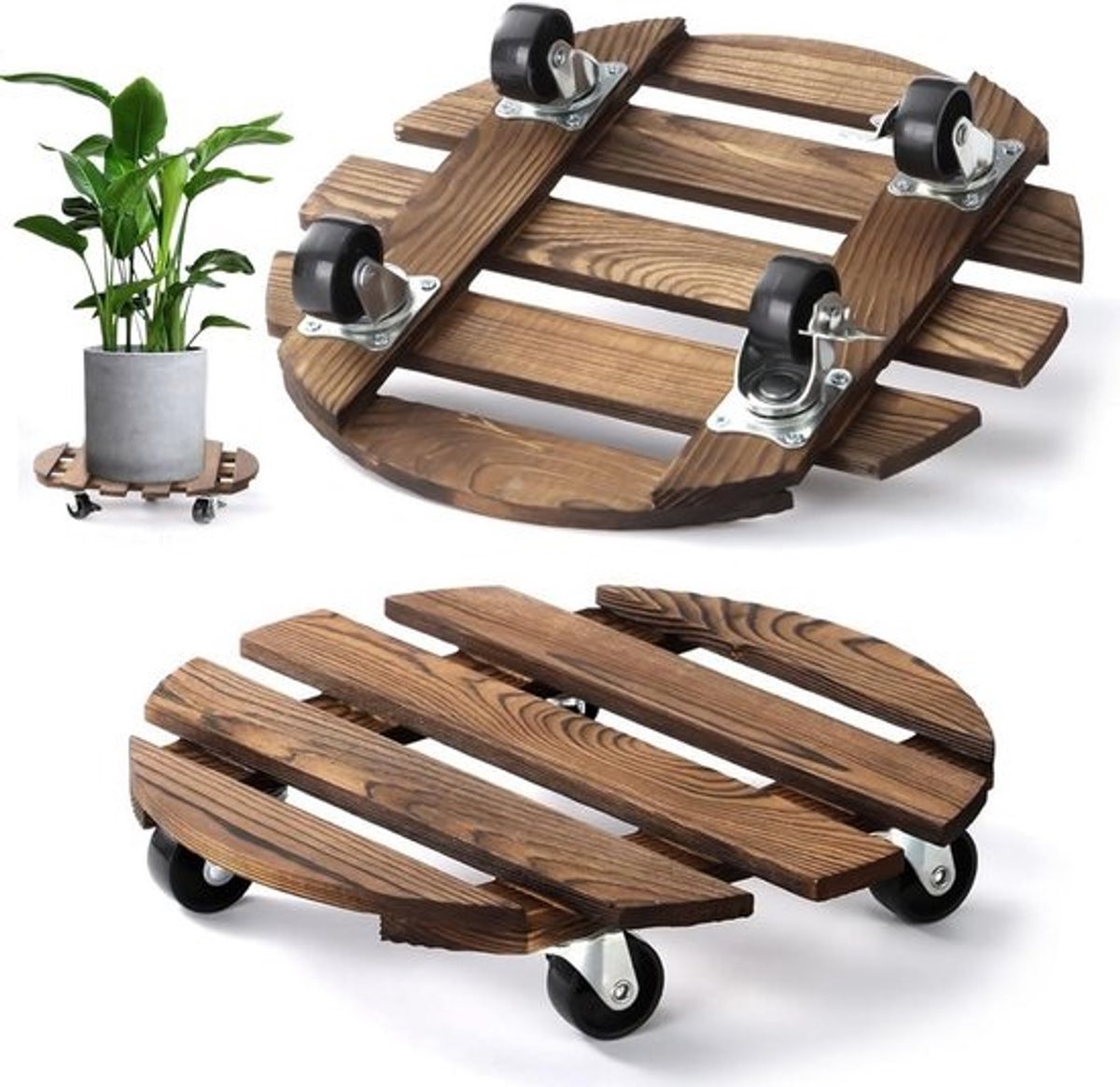2x Ronde Plantenroller Hout - Stevige Rolplank voor Zware Bloempotten Binnen en Buiten