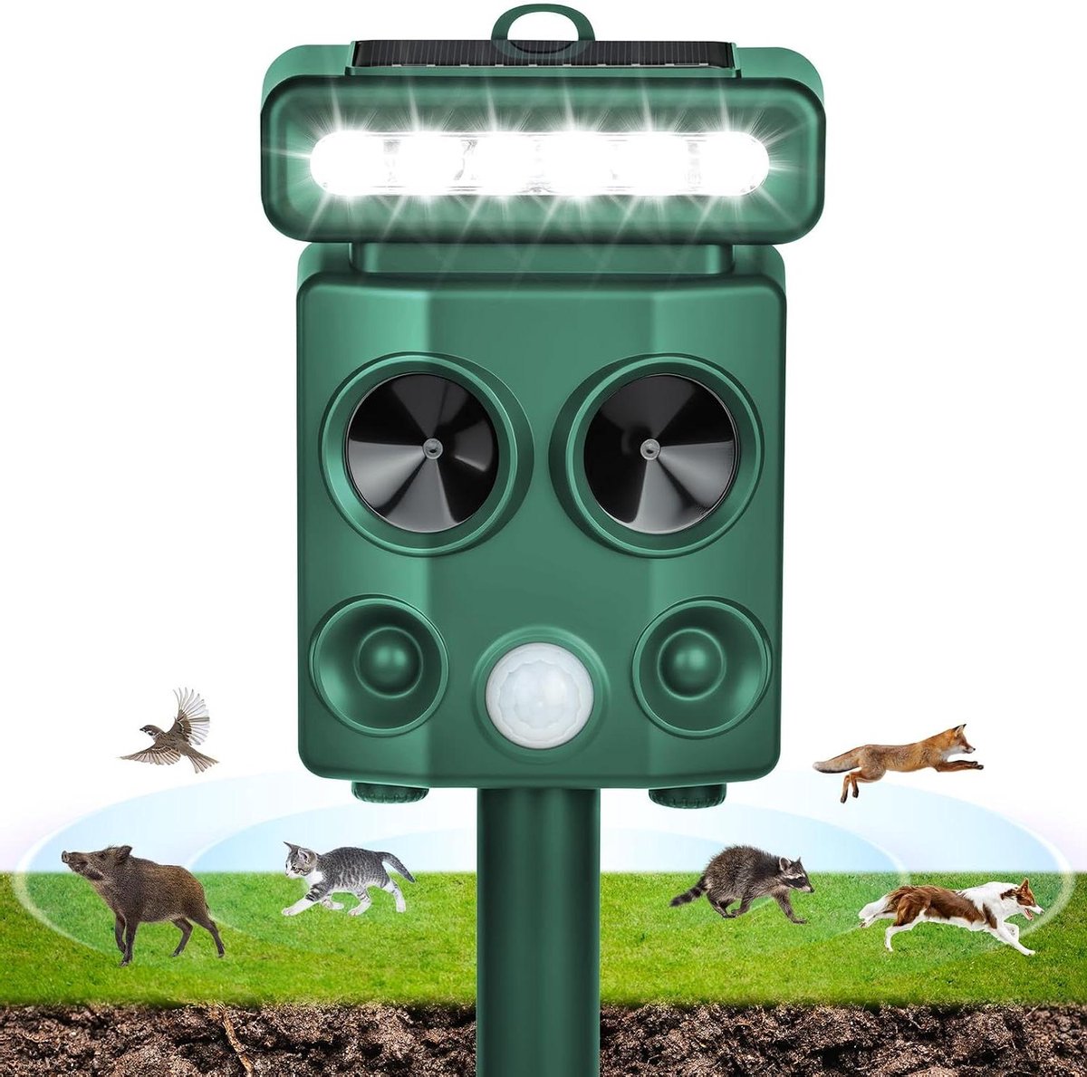 Dierenverjager op zonne-energie - Ultrasoon afweermiddel - Tuin beschermen - Bewegingsmelder met 4 modi - IPX6 waterdicht - Zwart