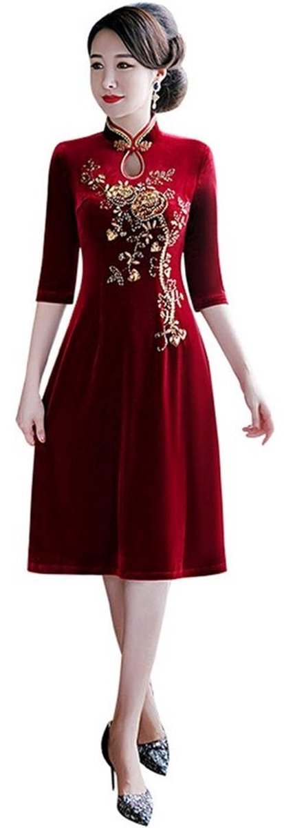 Fluwelen Qipao jurk voor avondkleding - Traditionele Chinese geborduurde Cheongsam