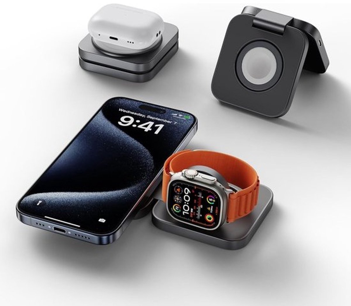 2-in-1 Opvouwbaar Magnetisch Draadloos Laadstation voor Telefoon, Horloge en Oortjes - Aluminium Oplader