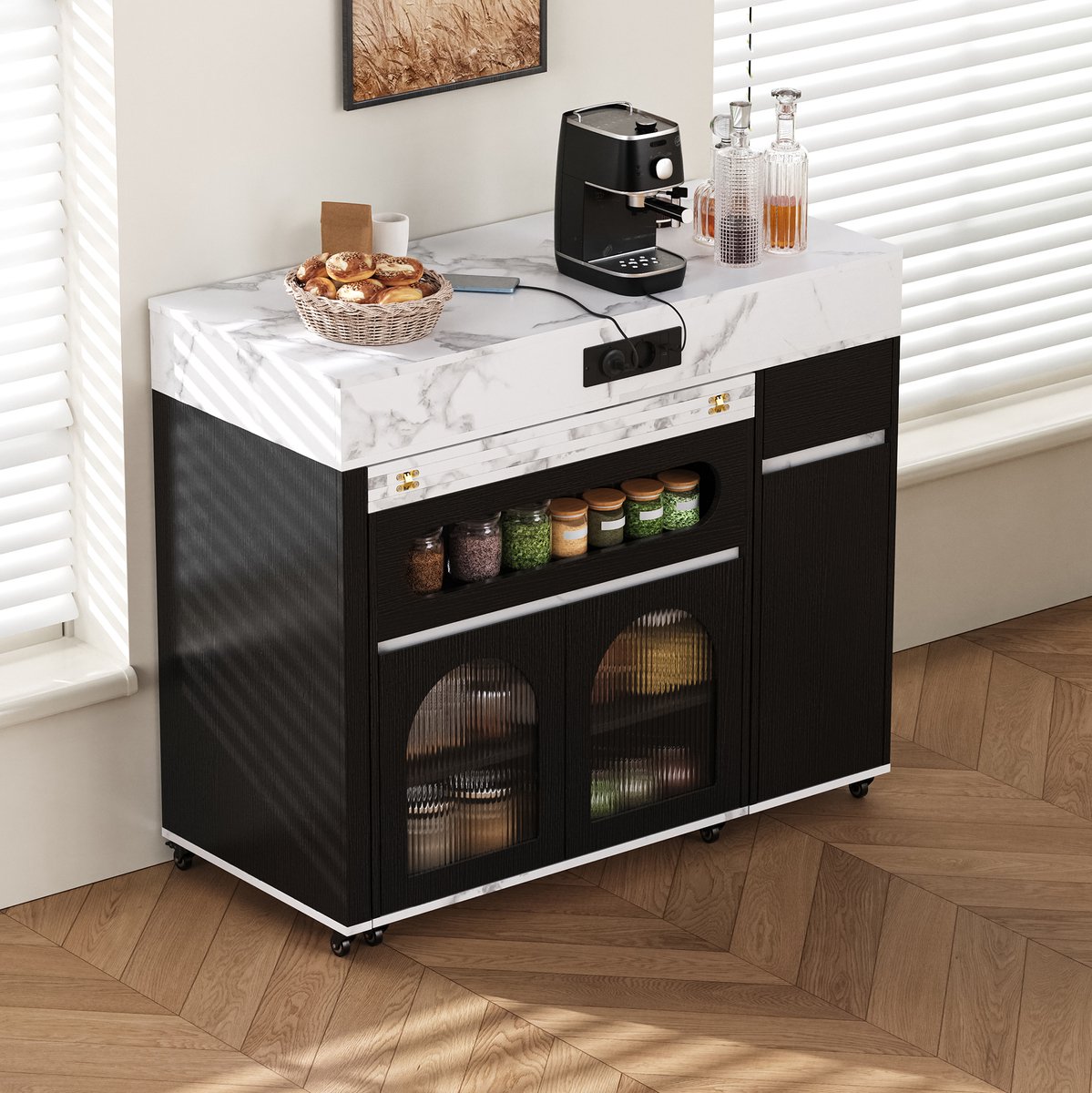 REDOM - Eettafel - Uitschuifbaar - Met wielen en stopcontact - Lade en glazen deuren - Modern - Keuken - MDF en spaanplaat - Zwart - 110,5 x 50,5 x 95,5 cm