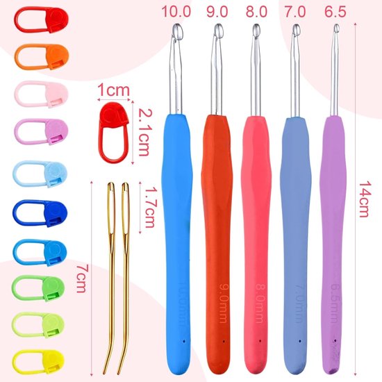 Set van 5 Haaknaalden Maten 6,5 mm tot 10 mm met 20 Viltstiften en 2 Wolnaalden voor Creatief Haken en Breien — afbeelding 5