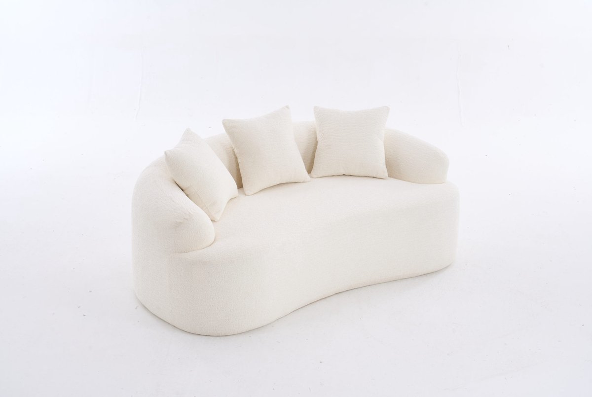 REDOM - Zitbank - Extra diepe zitting - Gebogen 2-zits ontwerp - Inclusief 3 sierkussens - Compacte ruimtes - Chenille en schuim - Wit - 153 x 94 x 63 cm