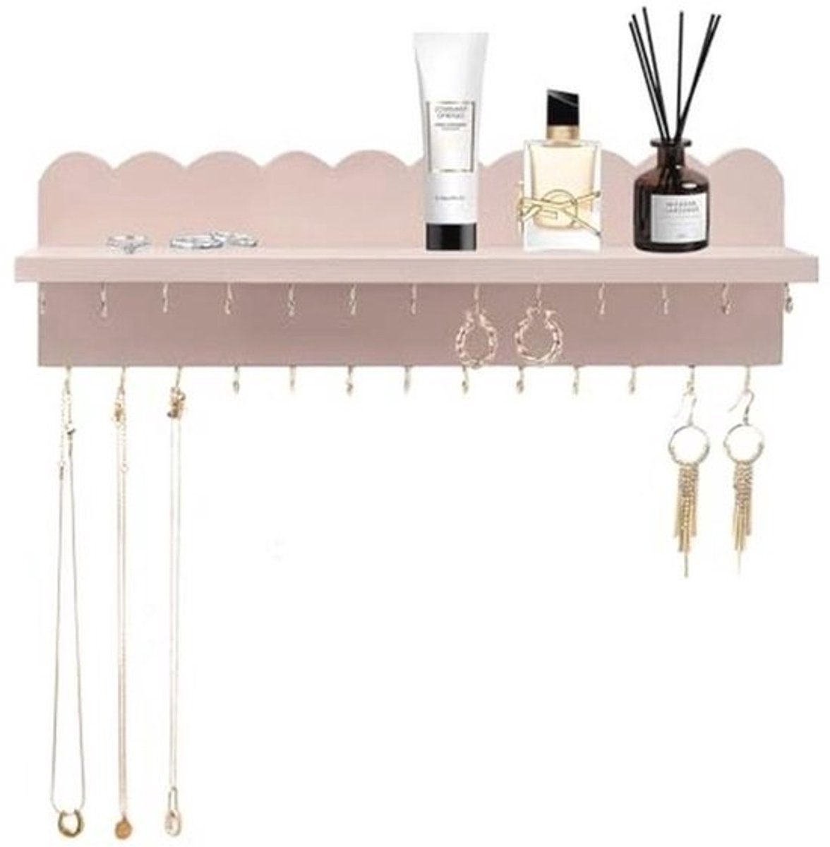 Muur Bevestigde Sieraden Organizer met 26 Haken en Cosmetica Plank, Hangende Sieraden Houder voor Kettingen, Armbanden en Ringen, Roze