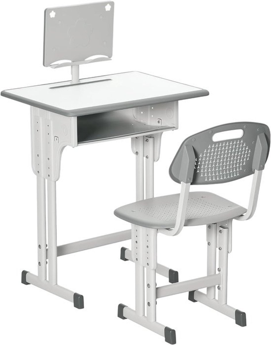 HOMCOM Kinderbureau en stoel met leesstandaard, kluisje, haak en penhouder, in hoogte verstelbaar, 60 x 45 x 90-102 cm, grijs