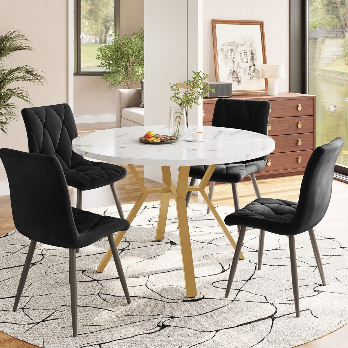 Wishdor Set tafel en stoelen - 5-delig met ronde eettafel en 4 stoelen - Ergonomische fluwelen zitting - Modern voor eetkamer woonkamer - Hout en metaal - Zwart goud wit - 100 x 100 x 75 cm