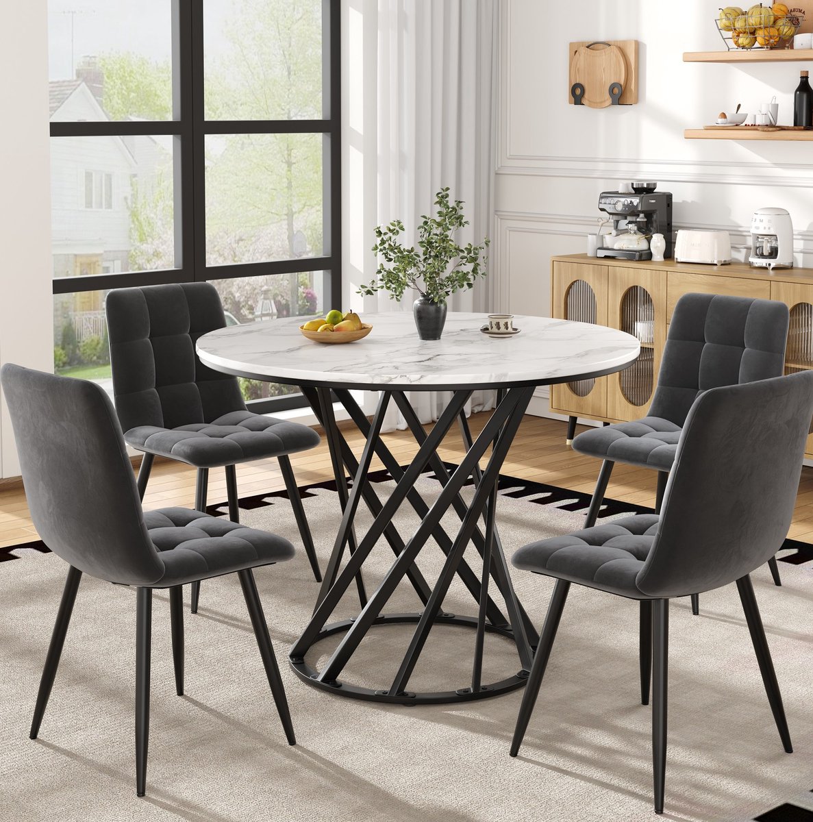 Wishdor Eettafel met stoelen - 5-delig - Ronde tafel - 4 stoelen - Verstelbare poten - Modern - Eetkamer keuken werkplek - Houtlook - Meerkleurig - Ø 80 x 76 cm