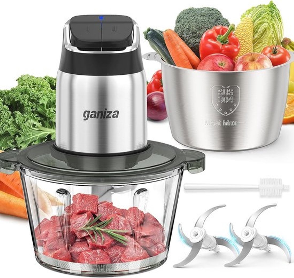 Foodprocessor en vleesmaler met glazen en roestvrijstalen kommen, 450W motor en oververhittingsbeveiliging