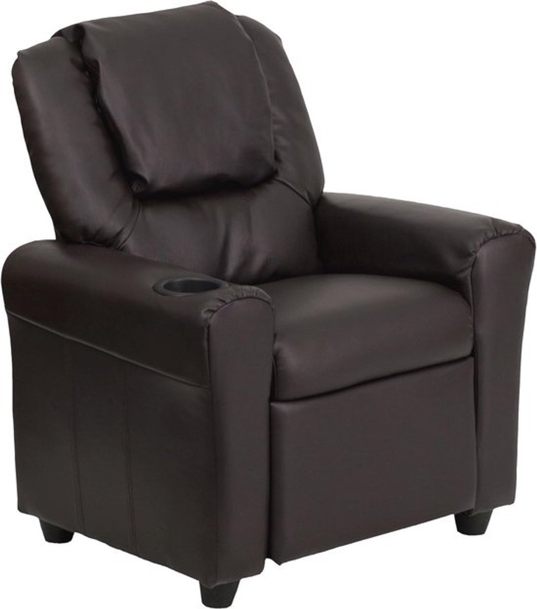 Comfortabele Kinderfauteuil met Bekerhouder en Verstelbare Poef - Bruin Leer