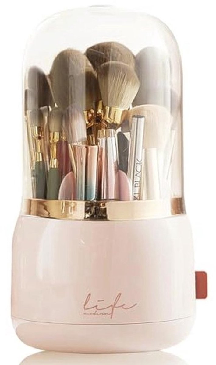 Roze Rotatie Make-up Borstelhouder Organizer met Deksel - Acryl Cosmetica Opslag Beker
